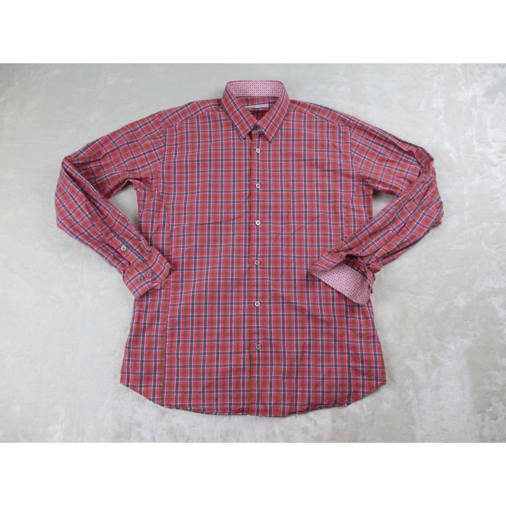 Jared Lang Shirt Mens Large Pink Plaid Button Up Flip‎ Cuff Long Sleeve Casual